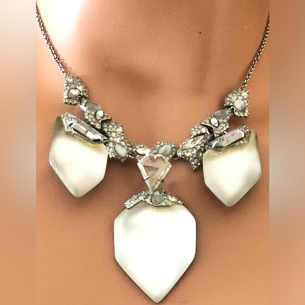 Alexis Bittar White Lucite Necklace Encrusted W/Crystals In Silver Tone Setting.